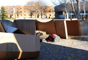 Students in the Homelessness in America FTS class spend three days living homeless in cardboard boxes and in Christ Chapel. Sarah Cartwright.