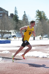 Junior Sam Fransen competes in the steeplechase at the track & field team’s first outdoor meet this season. The team has had a slow start to their season due to the weather, but is looking forward to racing outdoors. Gustavus Sports Information