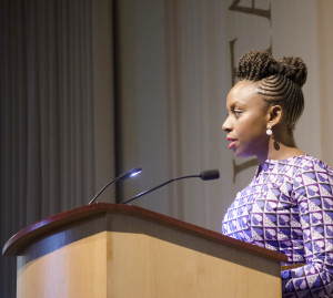 Feminist author and speaker Chimamanda Nqozi Adichie speaking on the topics of feminism and performing gender roles for the 2014 Moe Lecture. Allison Hosman