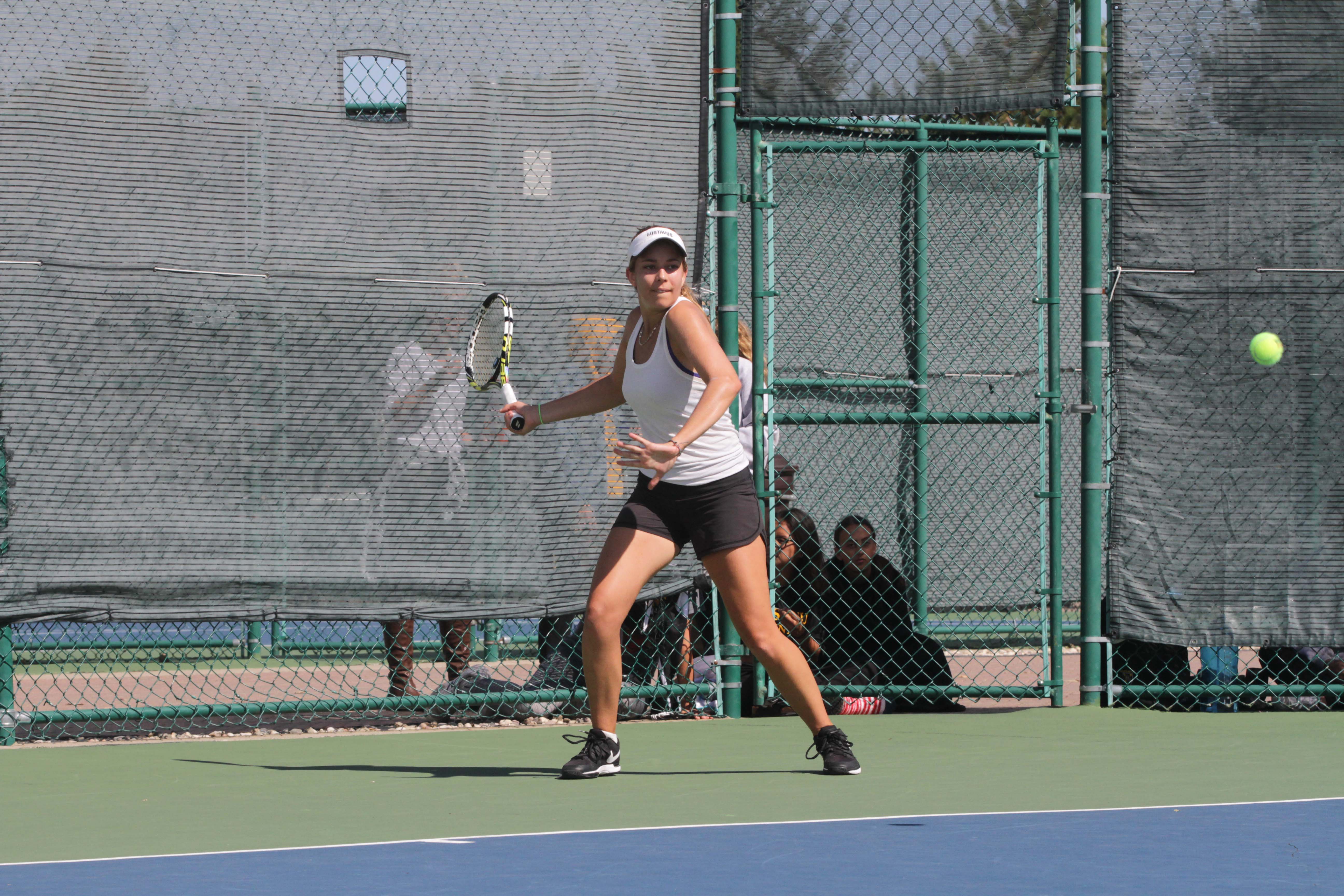 Sophomore Ginger Valentine competes at the Swanson Tennis Center Sept. 23. Valentine earned All-American status this past weekend by winning the Midwest Regional Championship match.