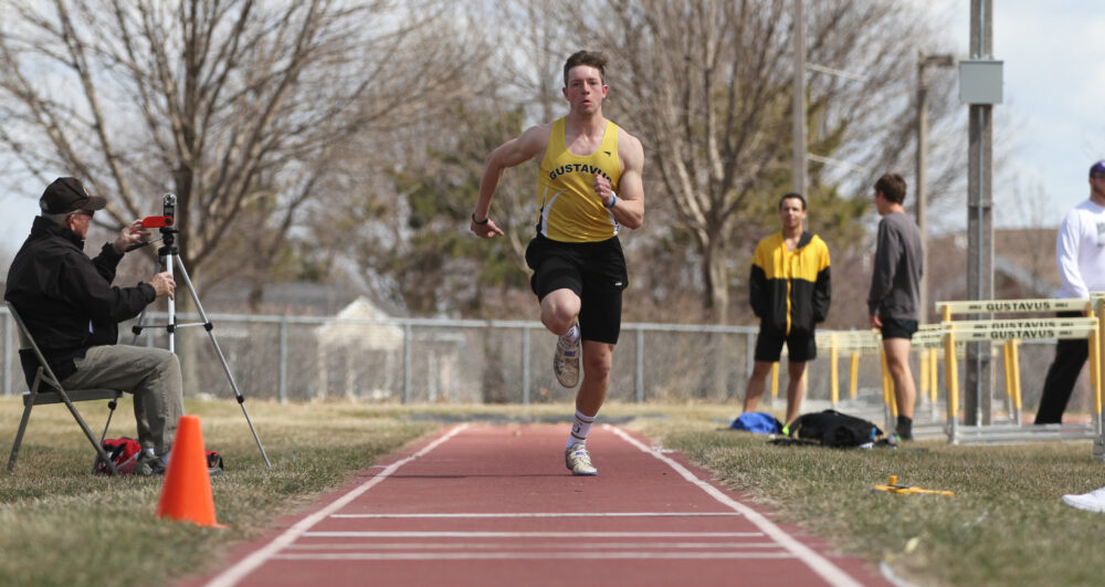 Junior Matthew Montplaisr competes in the long jump during a home meet this season. The Gusties compete next at the Drake Relays April 6, 2019.