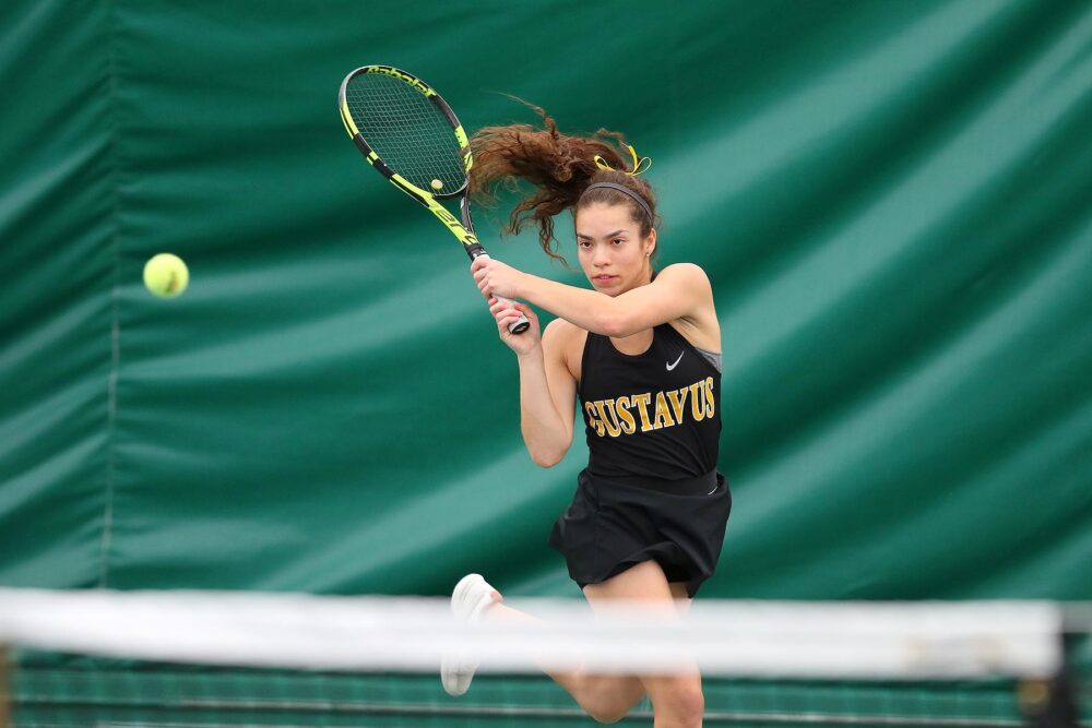 Senior Bri Hartmann competes for the black and gold. The Gusties finished second in conference and will have a bye to the semifinal round of playoffs.