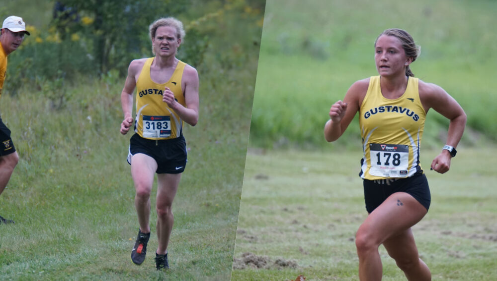 Sophomore Zane Michael focuses on keeping a steady pace during a meet & First-year Madalyn Lemke competes for the Gusties at the Crown Invite.