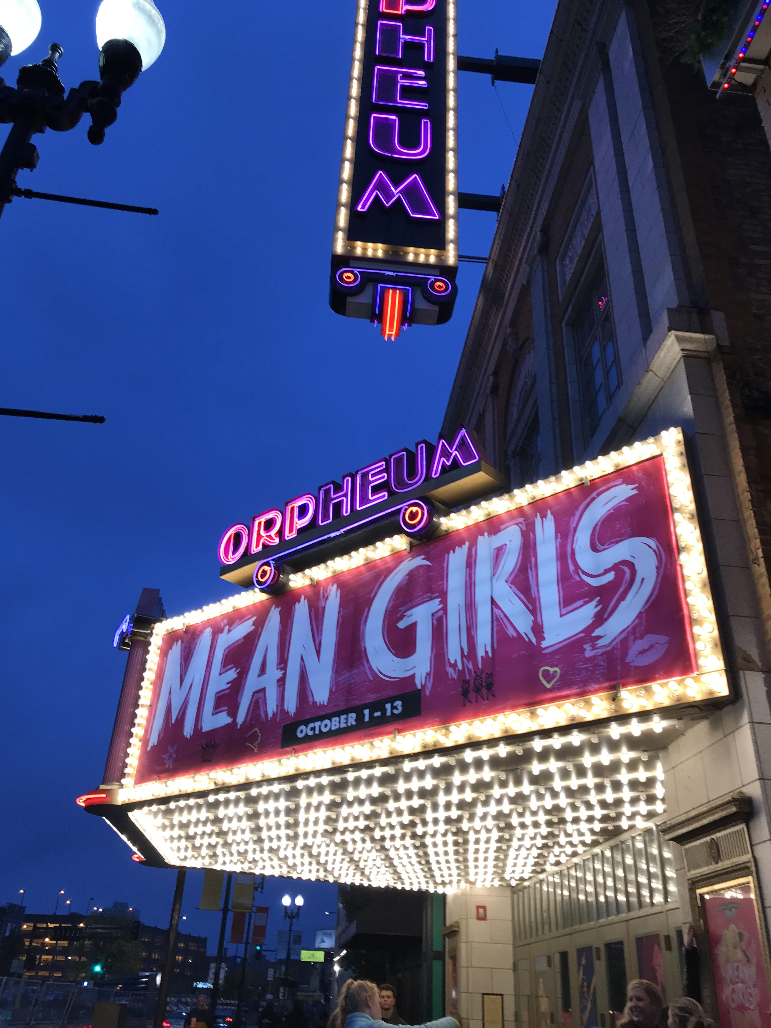 The marquee display for the “Mean Girls” play at the Orpheum Theater in downtown Minneapolis.