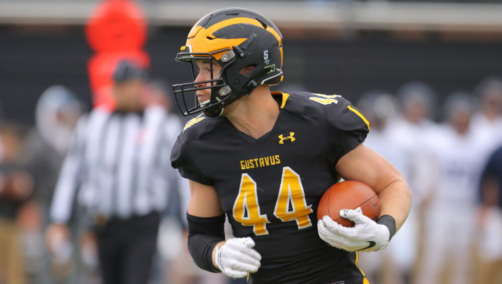 Senior Brayton Finch carries the ball for the Gusties during a game earlier this season. The team holds a record of 6-3 going into its last game of the season against St. Olaf.