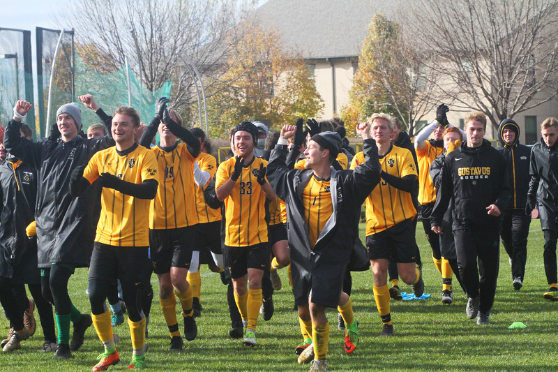 Members of the Men’s Soccer team celebrate their win against Macalester which secured them a share of the 2019 MIAC Regular Season Title. The Gusties went 8-1 in conference this season.