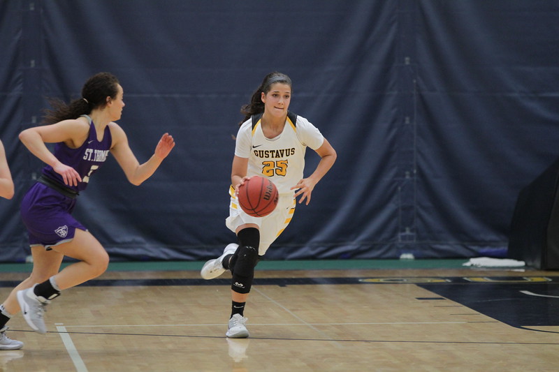 First-year Maddy Rice keeps the ball from a St. Thomas opponent. The Gusties are coming off back to back wins and have clinched a playoff spot on a 12-4 MIAC record.