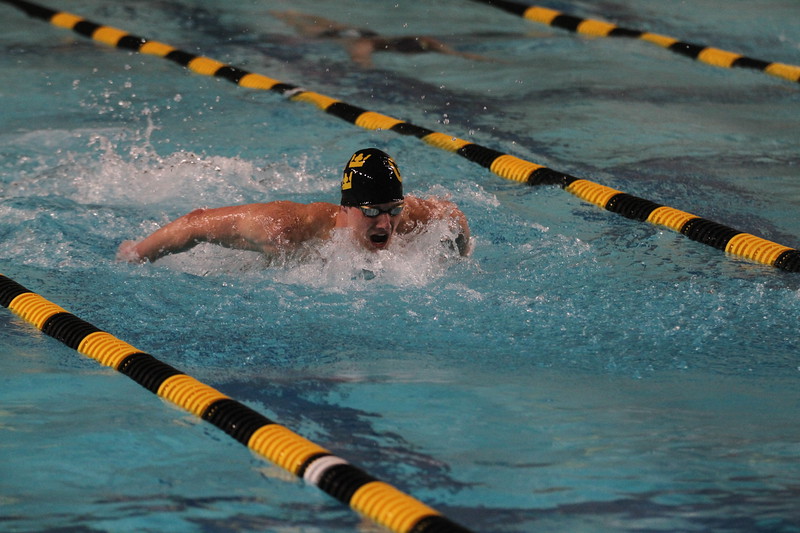 Junior Nolan Larson executes a butterfly stroke during a meet earlier this season. Larson was named MIAC Male Swimmer of the Year and posted a MIAC and school record in the 1:49.12.