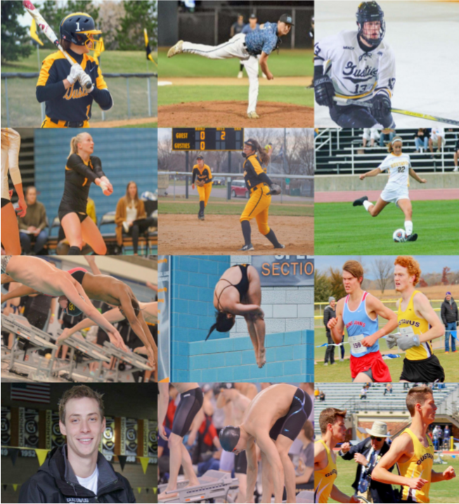 Collage of senior Gustavus athletes competing in a variety of events