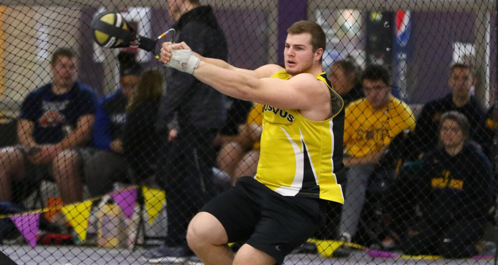 Senior Michael Hensch competes in the weight throw at the Maverick Invite this past weekend. He finished third with a distance of 59-4.75.