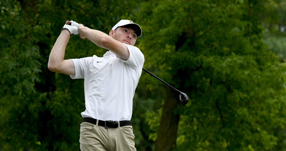 Sophomore Jacob Pedersen tees off at Pioneer Creek. At the event, the team posted a second place finish out of eight teams that played the course.