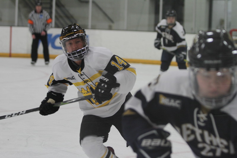 First-year Hailey Holland chases down a Bethel opponent to win the puck back for the Gusties. The team recently defeated St. Mary’s in the semifinals and booked their ticket to the Championship.